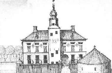 De borg Ewsum of De Oort, een voormalige borg bij Middelstum. De eerste vermelding dateert uit 1371. De borg is gesloopt in 1863, maar de toren is blijven staan. Op de tekening is de borg nog in de oude staat. (Tekening: J. Ensing. Bron: Wikipedia.)